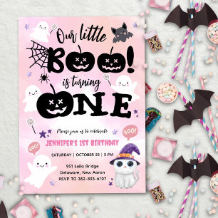 Little Boo Is Turning ONE   Halloween 1st Birthday Invitation