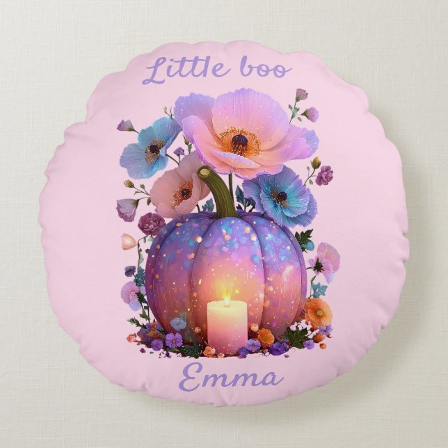Little Boo Personalised Girl Halloween T-Shirt Round Cushion (Front)