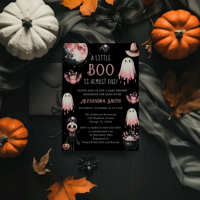 Little Boo Pink & Black Halloween Girl Baby Shower Invitation (Little Boo is Almost Due! Pink & Black Halloween Girl Ghost Baby Shower Invitation)
