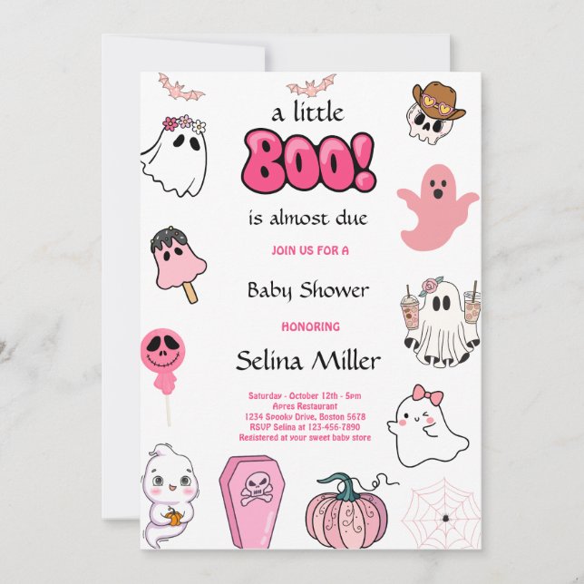 Little Boo Pink Ghost Halloween Baby Shower Invitation (Front)