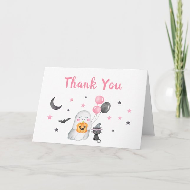 Little Boo Pink Ghost Halloween Baby Shower Thank You Card (Front)