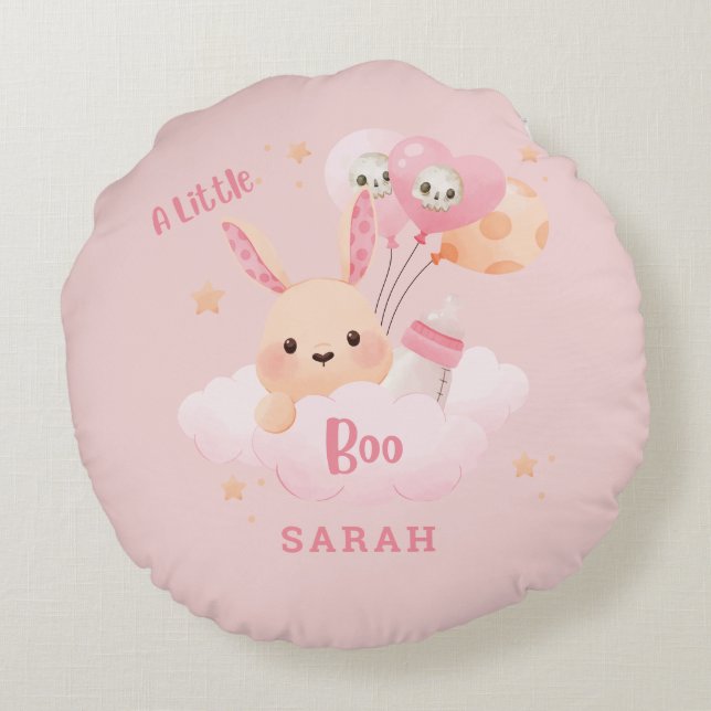 Little Boo Pink Halloween Baby Shower Round Cushion (Back)