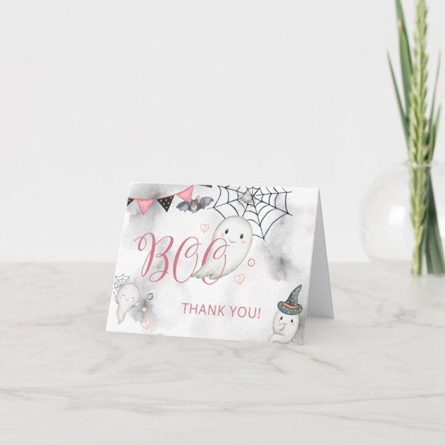 Little Boo Pink Halloween Ghost Baby Shower Thank You Card (Front)