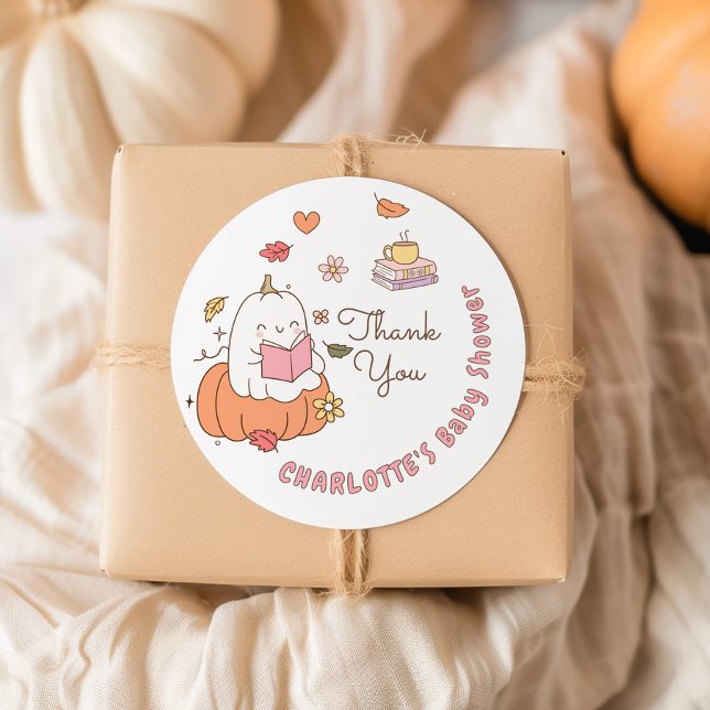 Little Boo Pink Whimsical Books Baby Shower Classic Round Sticker (Creator Uploaded)