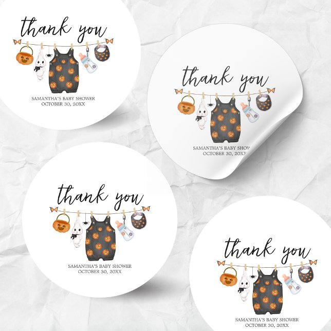 Little Boo Pumpkin Halloween Baby Shower Classic Round Sticker (Little Boo Pumpkin Clothesline Halloween Baby Shower Sticker)