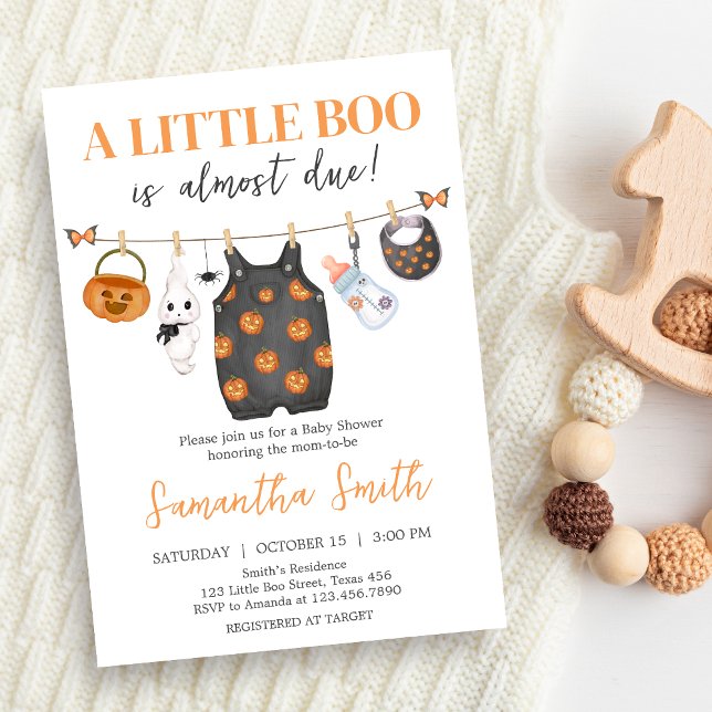 Little Boo Pumpkin Halloween Baby Shower Invitation (Little Boo Pumpkin Clothesline Halloween Baby Shower Invitation)