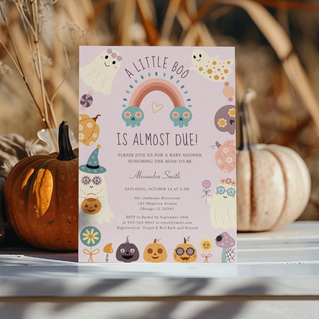 Little Boo Retro Groovy Halloween Baby Shower Invitation (Little Boo Retro Halloween Baby Shower Invitation - Groovy Ghost, Pumpkin, Rainbow & Candy )