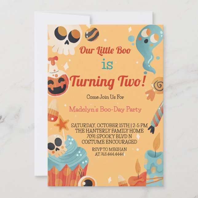 Little Boo Two Girl Or Boy Halloween 2nd Birthday  Invitation (Front)