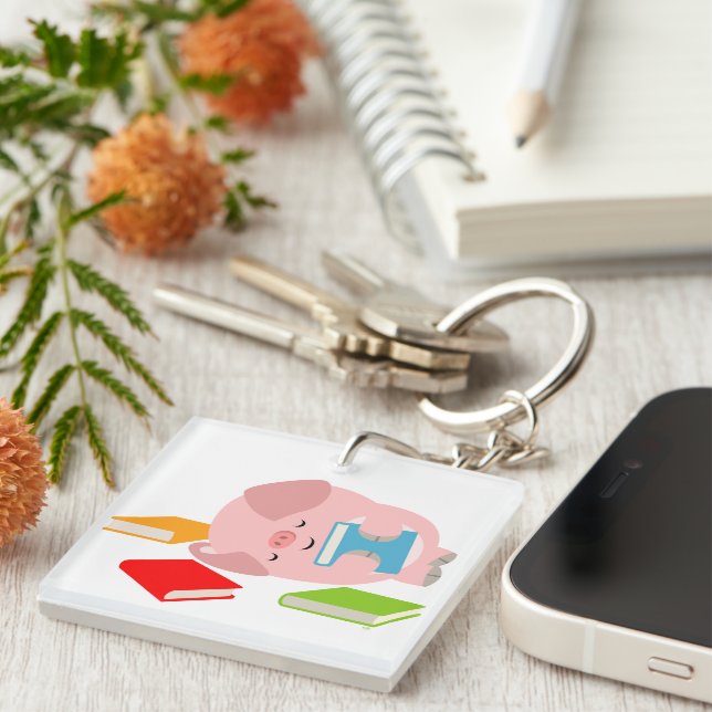 Little Book Lover (Cartoon Pig) Acrylic Keychain (Front Right)