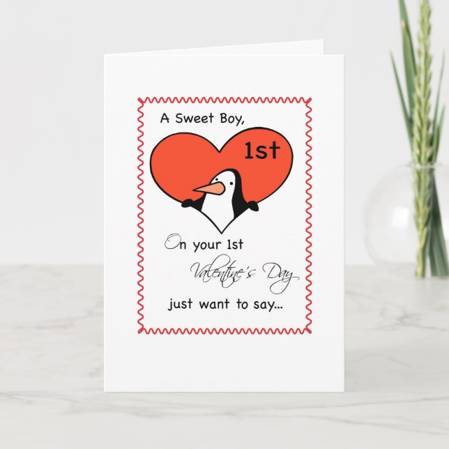 Little Boy 1st Valentine's Day Cute Penguin Holiday Card (Front)