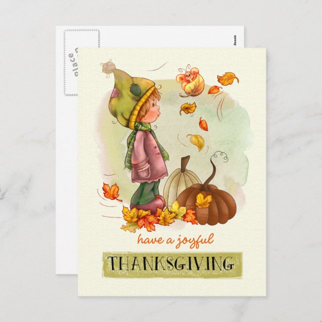 Little Boy and Butterfly Thanksgiving Holiday Postcard (Front/Back)