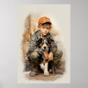 Little boy and dog poster