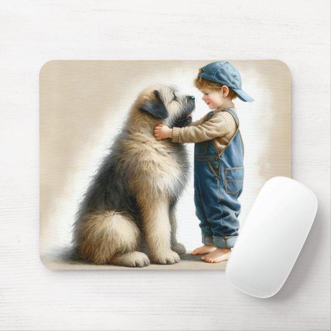 Little Boy And His Big Dog Watercolor Mouse Mat (With Mouse)