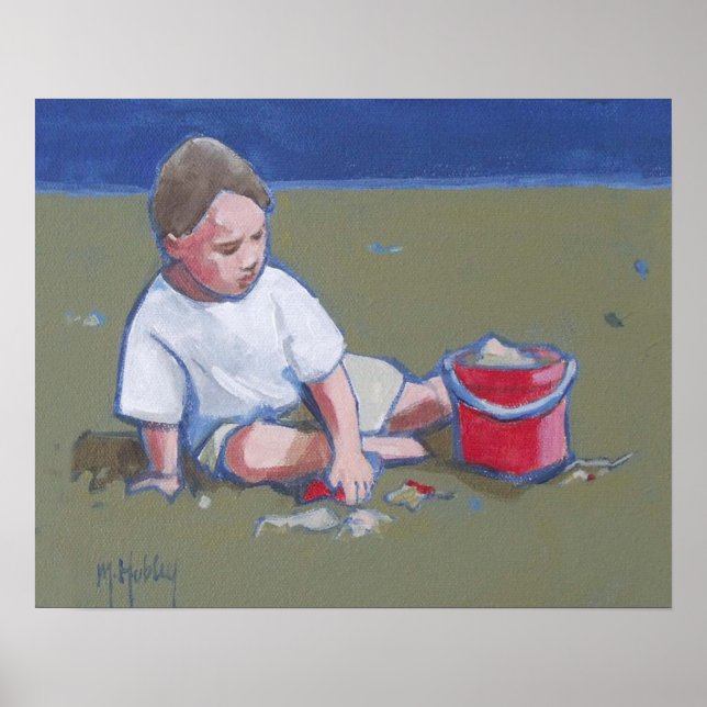 LIttle Boy and Sandcastle on Beach Poster (Front)