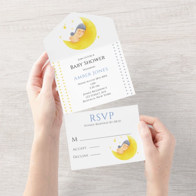 Little Boy And The Moon Baby Shower All In One Invitation (Tearaway)