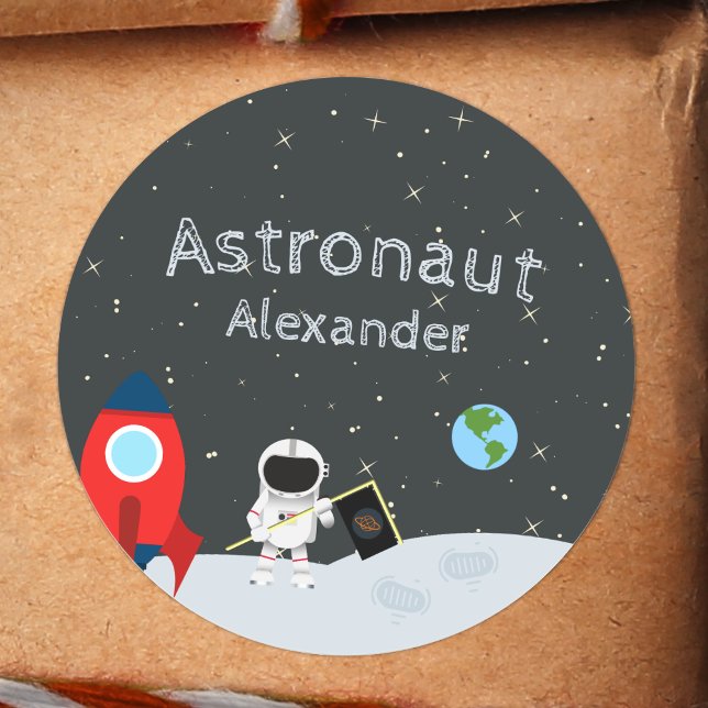 Little Boy Astronaut on Moon, First Name Space Classic Round Sticker (Creator Uploaded)