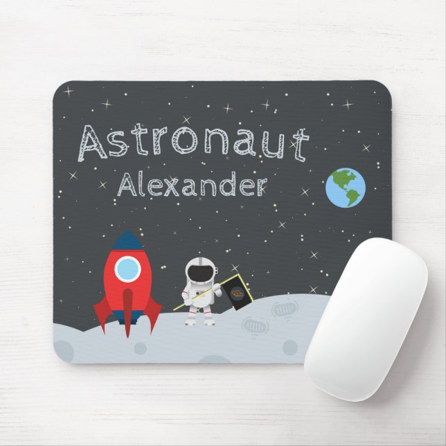 Little Boy Astronaut on Moon, First Name Space Mouse Mat (With Mouse)