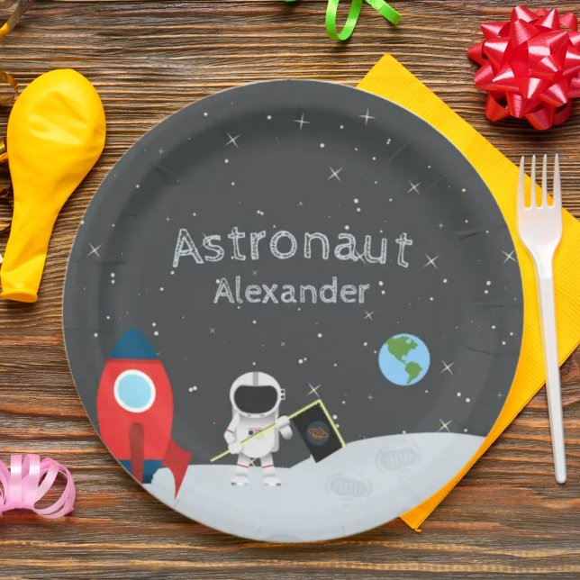 Little Boy Astronaut on Moon, First Name Space Paper Plate (Creator Uploaded)