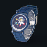 Little Boy Astronaut Personalised Watch<br><div class="desc">This fun watch features a sweet vector illustration of a boy astronaut,  a yellow star,  and a blue planet on a dark blue background and can be personalised with your child's name,  monogram,  initial,  or any text of your choice for a perfect custom gift.</div>