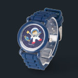 Little Boy Astronaut Personalised Watch<br><div class="desc">This fun watch features a sweet vector illustration of a boy astronaut,  a yellow star,  and a blue planet on a dark blue background and can be personalised with your child's name,  monogram,  initial,  or any text of your choice for a perfect custom gift.</div>