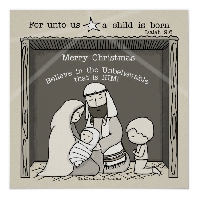 Little Boy at the Manger-Merry Christmas Poster (Front)