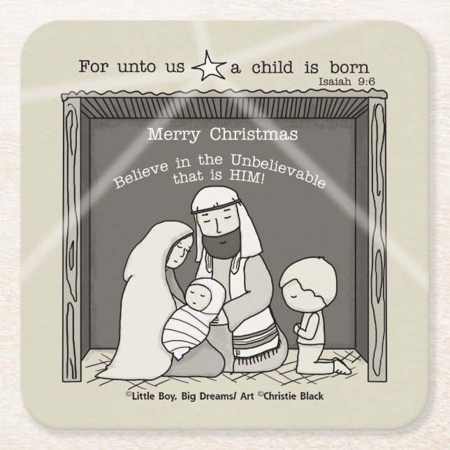 Little Boy at the Manger-Merry Christmas Square Paper Coaster (Front)