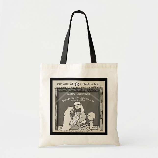 Little Boy at the Manger-Merry Christmas Tote Bag (Front)