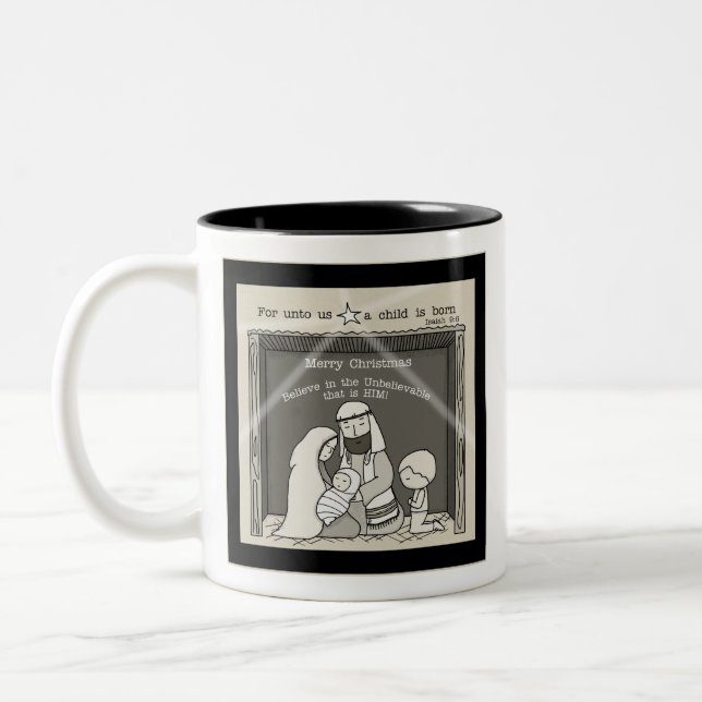 Little Boy at the Manger-Merry Christmas Two-Tone Coffee Mug (Left)
