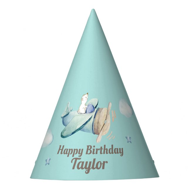 Little Boy Aviation Theme Happy Birthday with Name Party Hat (Front)