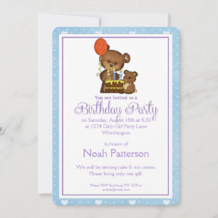 Little Boy Birthday Party Invitation Teddy Bear 1