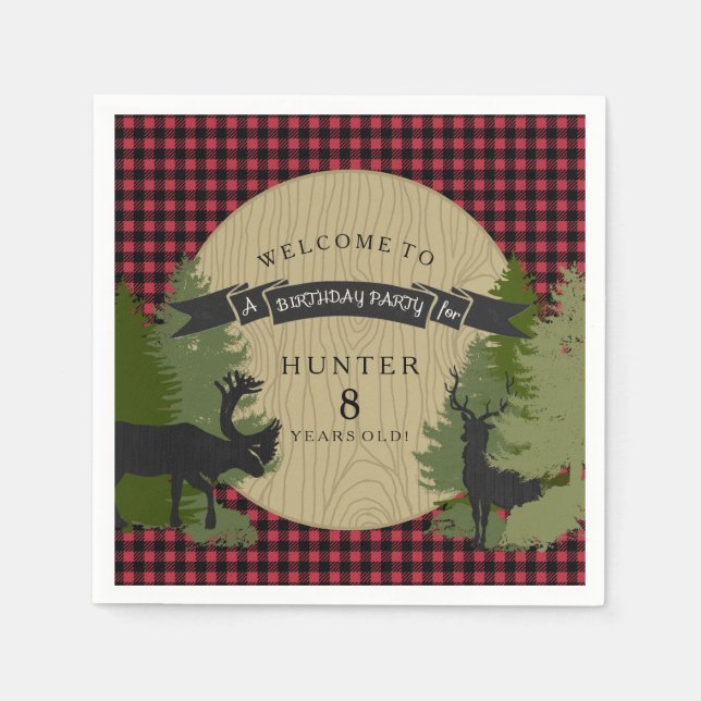 Little Boy Birthday Picnic Deer Antlers Moose Tree Napkin (Front)