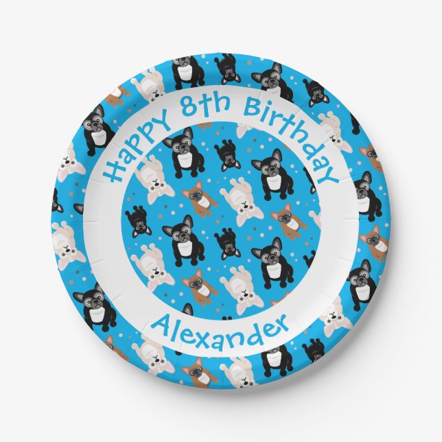 Little Boy Blue French Bulldogs Birthday Cake Paper Plate (Front)