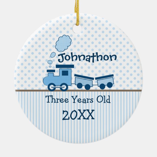 Little Boy Blue Train Dots Stripes Photo Ornament (Back)