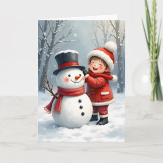 Little Boy Building a Snowman Blank Christmas  Card