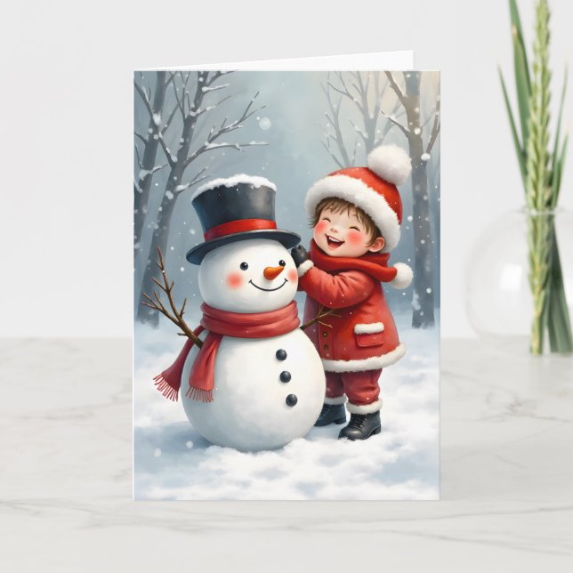 Little Boy Building a Snowman Blank Christmas  Card (Front)