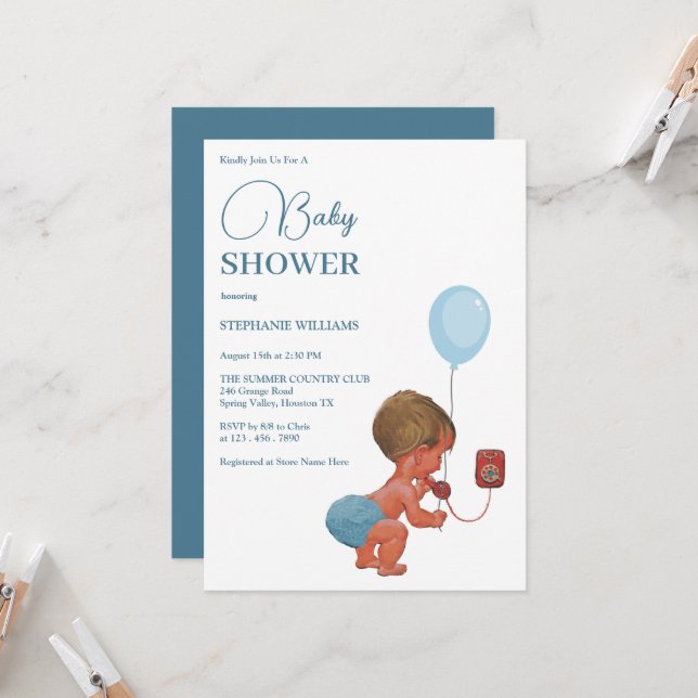 "Little Boy Calling" Baby Shower Invitation (Front/Back In Situ)
