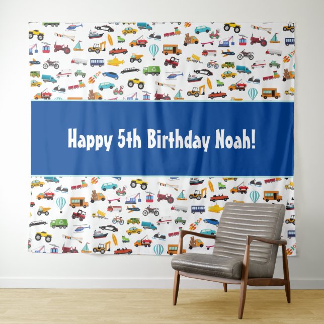 Little Boy Cars Vehicle Pattern Kid Birthday Party Tapestry (In Situ (Horizontal))