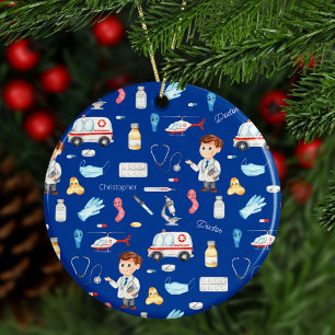 Little Boy Doctor Medical Pattern with Name, Blue Ceramic Tree Decoration