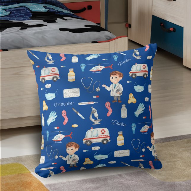Little Boy Doctor Medical Pattern with Name, Blue Cushion (Creator Uploaded)