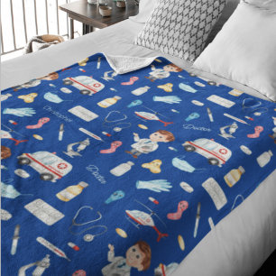 Little Boy Doctor Medical Pattern with Name, Blue Fleece Blanket