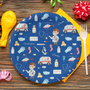 Little Boy Doctor Medical Pattern with Name, Blue Paper Plate
