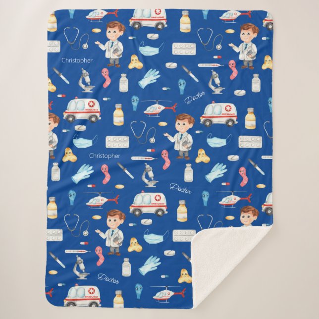 Little Boy Doctor Medical Pattern with Name, Blue Sherpa Blanket (Front)