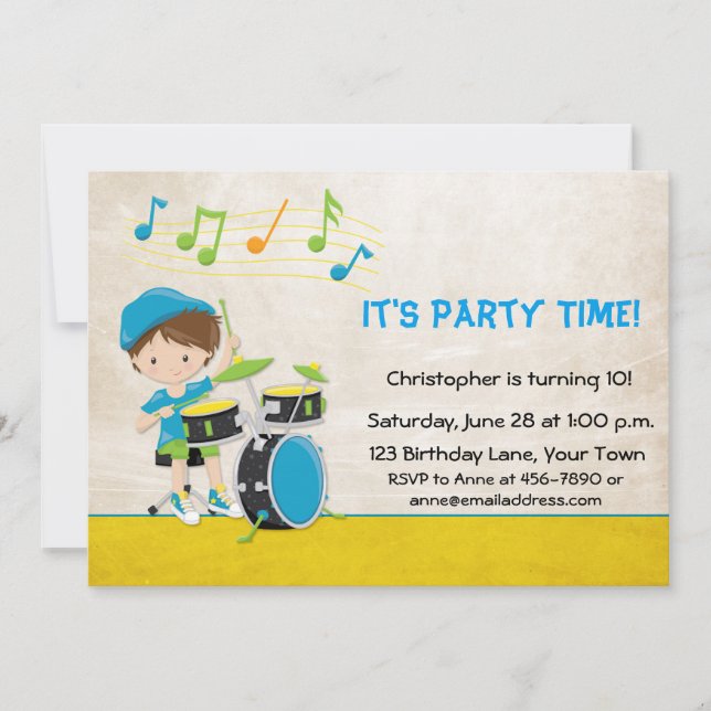 Little Boy Drummer Birthday Invitation (Front)