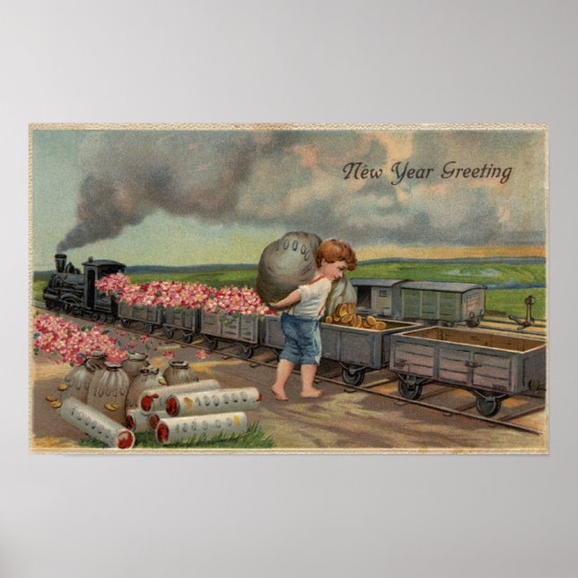 Little Boy Dumping Money in Train Poster (Front)