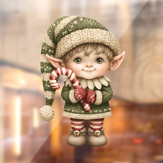 Little Boy Elf with a Candy Cane Window Cling