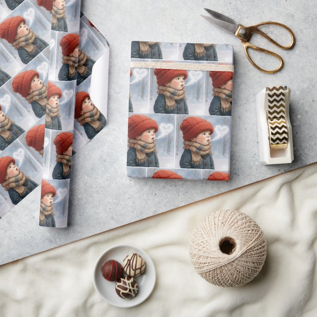 Little Boy Exhaling a Frosty Heart Wrapping Paper (Crafts)