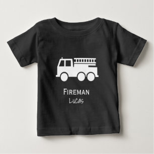 Little Boy Fire Truck With Name Black and White Baby T-Shirt