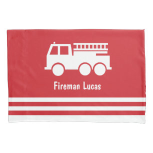 Little Boy Fire Truck With Name Red and White Pillowcase