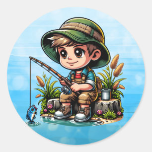 Little Boy Fishing Cartoon Classic Round Sticker