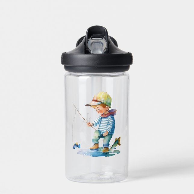 Little Boy Fishing Illustration Personalised  Water Bottle (Front)